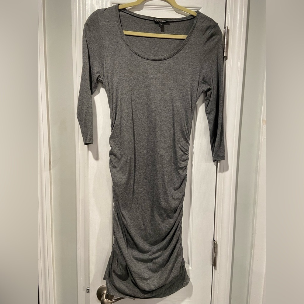 Express Size S Gray Scoop Neck 3/4 Sleeve Ruched Side Soft Jersey Midi Dress